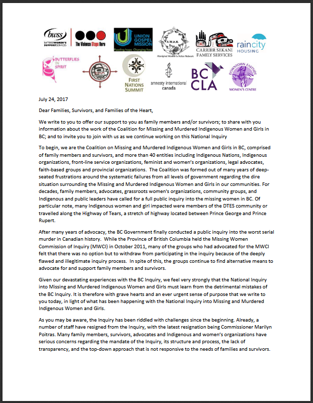 Coalition open letter to families of MMIWG