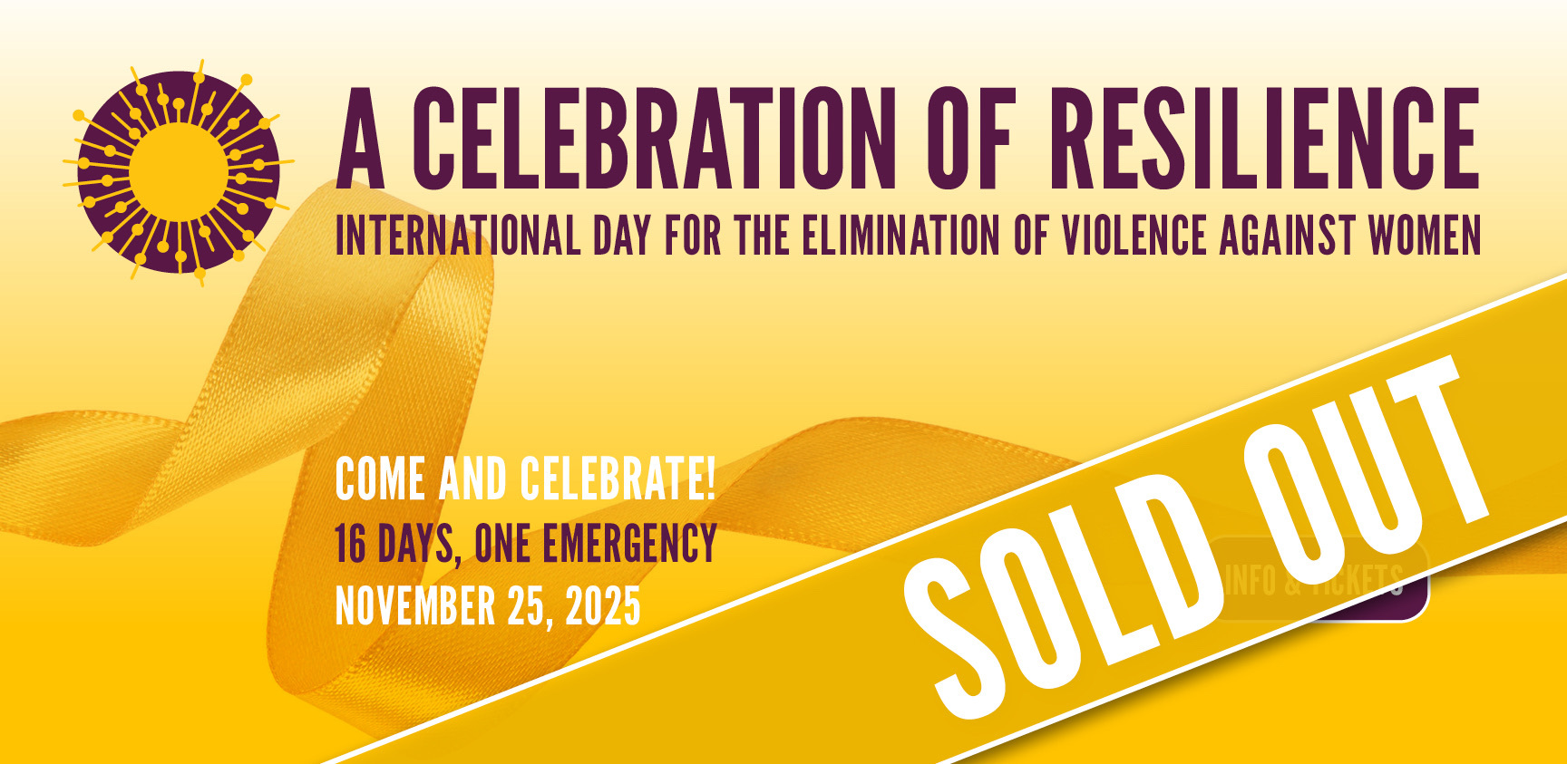 A Celebration of Resilience poster showing the event is now sold out. 