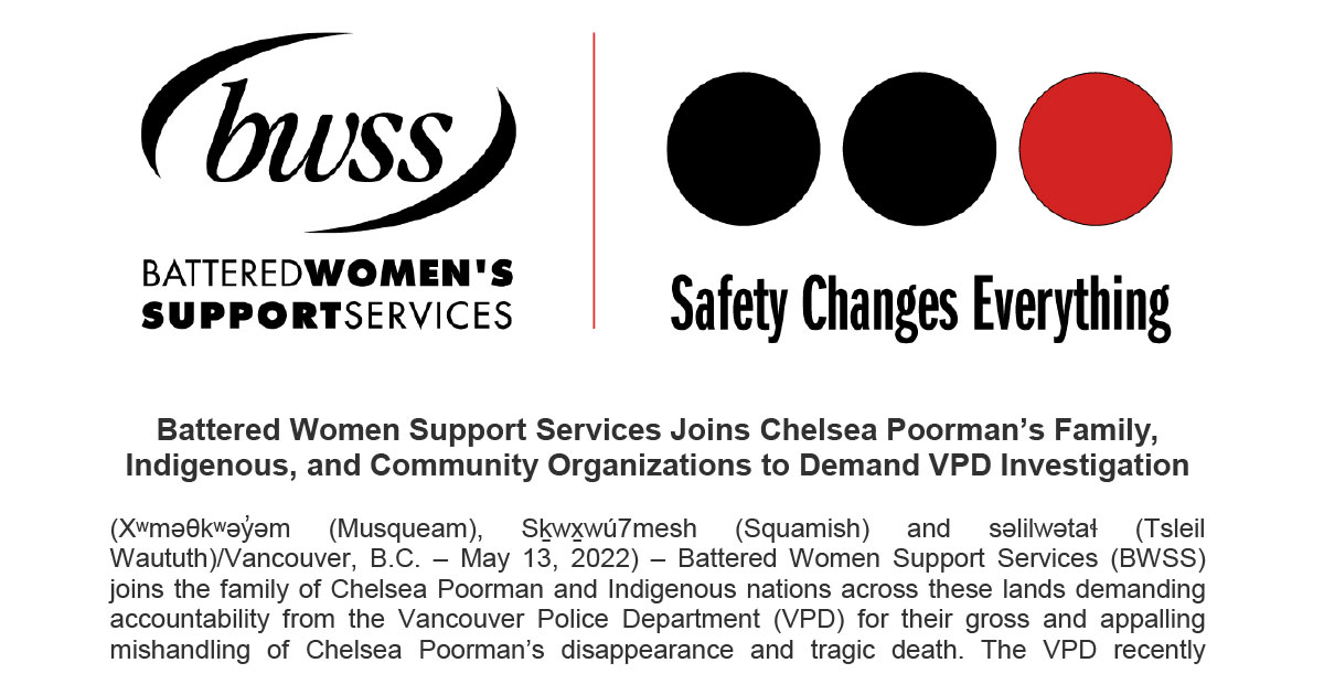 Battered Women Support Services Joins Chelsea Poorman’s Family, Indigenous, and Community Organizations to Demand VPD Investigation