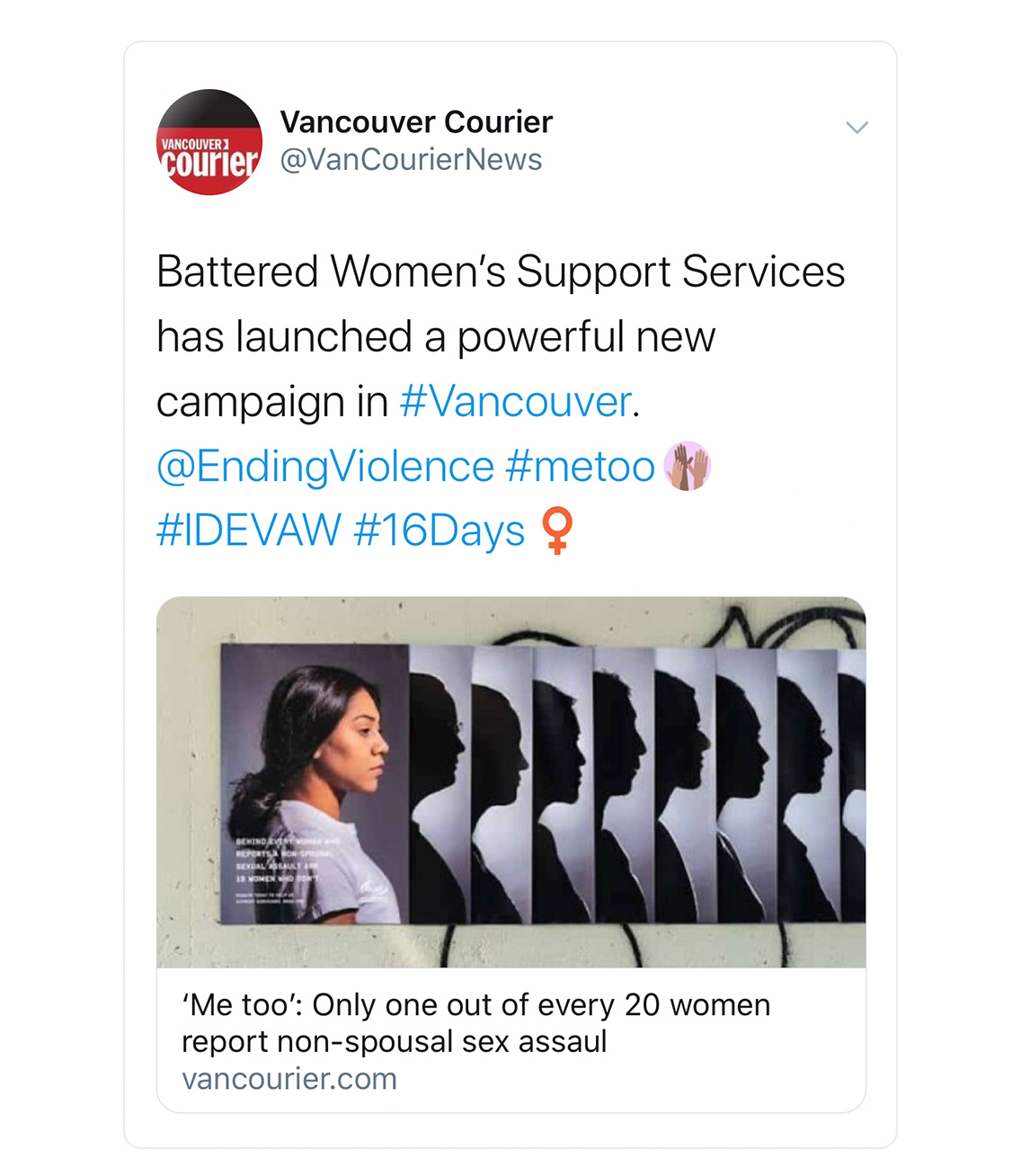 Vancouver Courier tweet in support of BWSS 1 in 20 campaign
