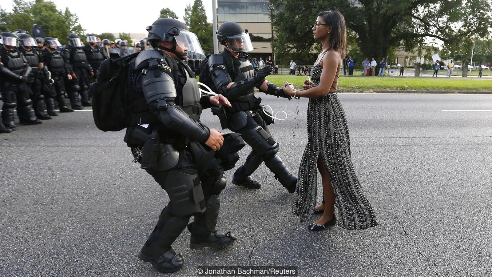 Woman protester in Baton Rouge, Louisiana in 2016, Leshia Evans being arrested at a Black Lives Matter protest.